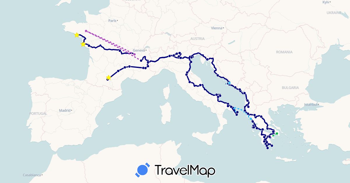 TravelMap itinerary: driving, bus, cycling, train, boat in Albania, France, Greece, Croatia, Italy, Montenegro (Europe)